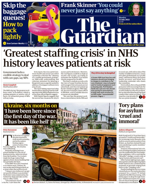 Guardian front page, 25 July 2022