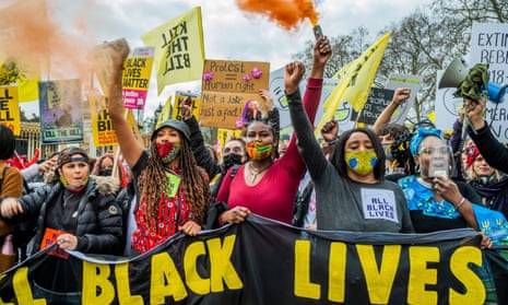 BLM protesters at a demonstration against the police, crime, sentencing and courts bill, Westminster, London, 3 April 2021.