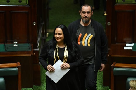 Ngarra Murray, left, and Rueben Berg arrive to speak from the floor of Victorian Legislative Assembly earlier this month.