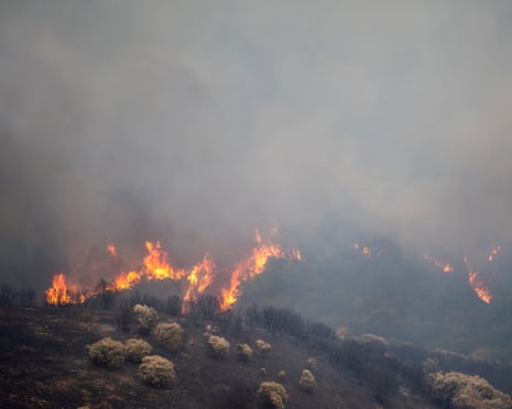 A fire can be seen on one of the mountain slopes at Las Medulas, Spain.