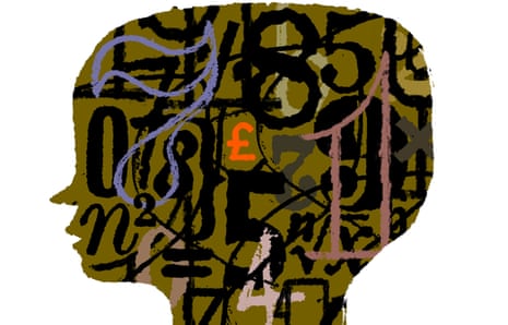 Illustration by David Foldvari of a head filled with mathematical symbols.