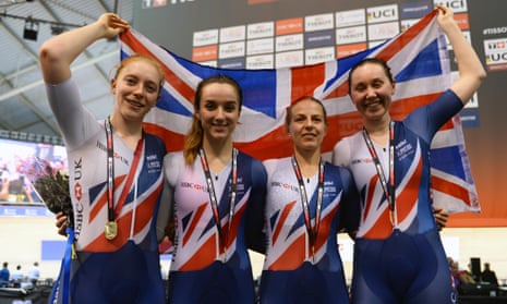 Katie Archibald, right, celebrates team pursuit victory with team-mates Emily Nelson, Elinor Barker and Neah Evans.