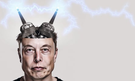 An illustration of Elon Musk’s head with the top removed to reveal metal antennae