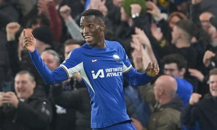 Nicolas Jackson celebrates after giving Chelsea the lead.