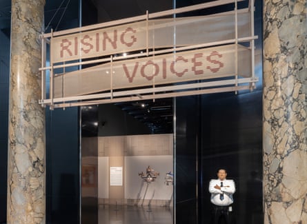 Kapa Haka (Whero) by Michael Parekōwhai standing guard outside Rising Voices at the V&A in London.