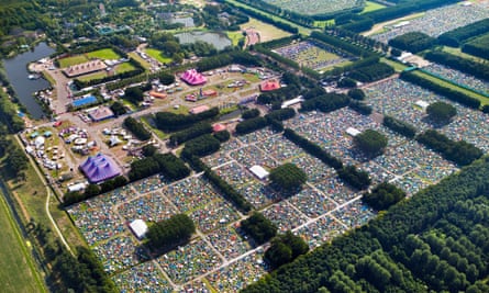 Aerial view of crowds at the Lowlands music festival near Biddinghuizen, the Netherlands.
