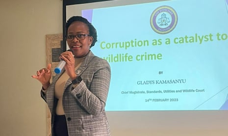 Gladys Kamasanyu speaking at a workshop for the National Anti-Wildlife Crime Coordination Taskforce.