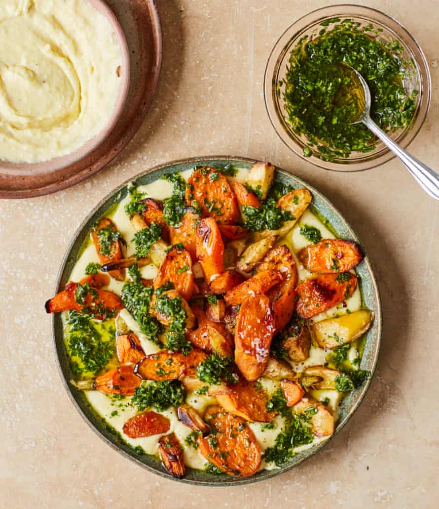 Yotam Ottolenghi’s aligot cheesy potatoes with roast winter veg.