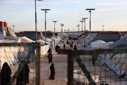 A view of a street within the camp, with large tents on either side