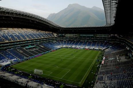 General view inside Monterrey Stadium, showing a view of Cerro de la Silla, a nearby mountain.