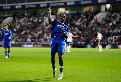Everton's Thierno Barry celebrates after scoring his side’s first goal at Preston.