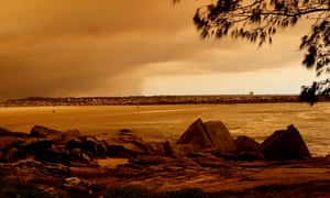 Smoke and ash from bush fires colour the sea and sky over Yamba, New South Wales. Friday 22nd Nov 2019
