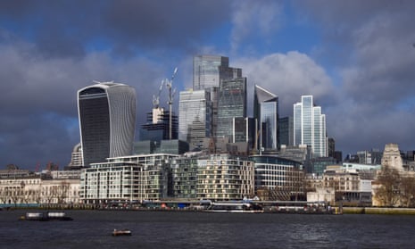 The City of London skyline with a cluster of skyscrapers including the Walkie Talkie
