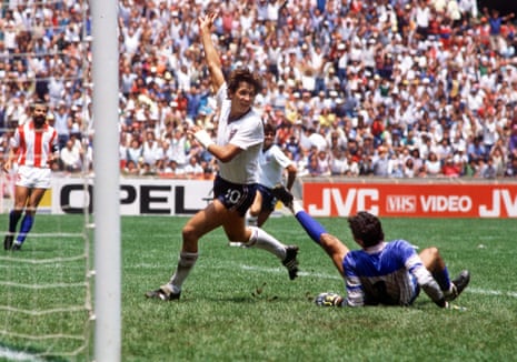 Gary Lineker scores England's third goal in the 3-0 win over Paraguay at the the 1986 World Cup.