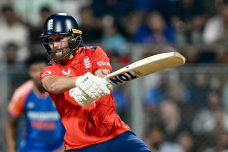 Phil Salt plays a shot during the fifth and final T20 between India and England at the Wankhede Stadium in Mumbai, February 2025