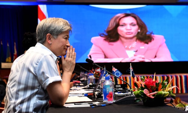 US vice-president Kamala Harris addresses the Pacific Islands Forum via video link as Australia’s minister for foreign affairs Penny Wong listens on