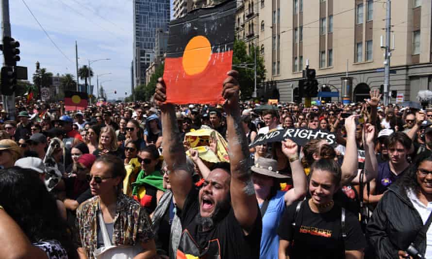 Invasion Day protesters outside Parliament House in Melbourne