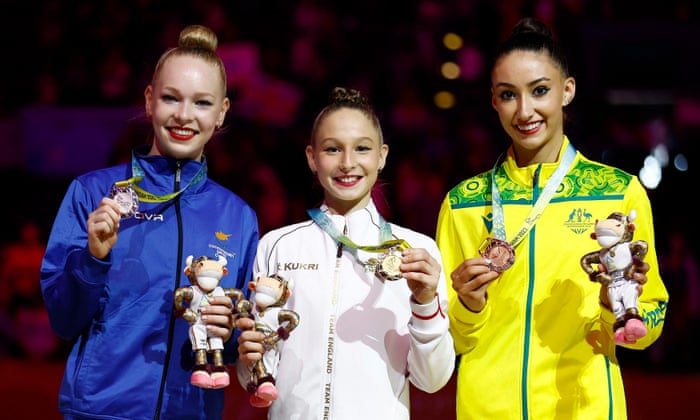 Marfa Ekimova (centre) with silver medallist Anna Sokolova and Australia’s Alexandra Kiroi-Bogatyreva, who won bronze.