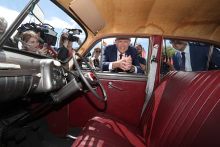 Federal opposition leader Bill Shorten at old parliament house in Canberra on Thursday with an FX Holden to mark the closure of the Holden plant.