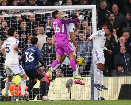 Leeds’ Karl Darlow punches the ball into his own net in the 38th minute