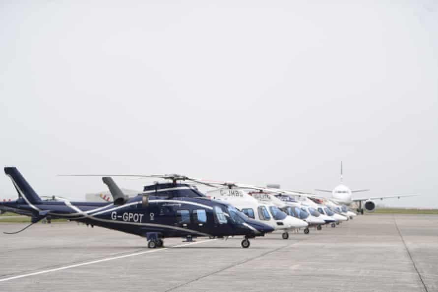 Helicopters parked on the runway at Newquay airport, Cornwall, today for use by VIPs attending the G7 summit.