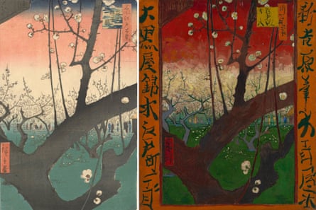 left, Hiroshige’s The Residence with Plum Trees at Kameido, 1857; right, Flowering Plum Orchard (after Hiroshige) by Vincent van Gogh, 1887.