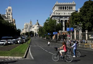 Cyclists on Calle de Alcalá, Madrid’s longest street, which was made free of cars on one side as part of European Mobility Week