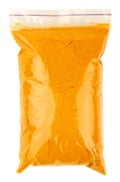 Ziplock bags are perfect for keeping dry powdered spices. This one contains turmeric.