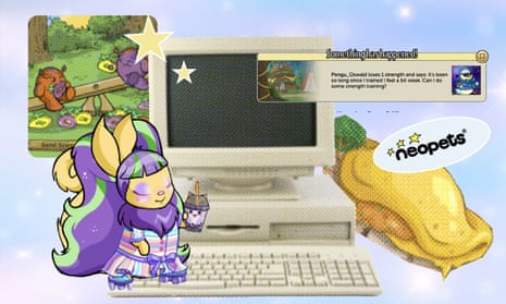 collage shows carboon squirrel type thing, the neopets logo, animals on a seesaw, an old computer, and a message from the game saying a character "loses 1 strength" and says "it's been too long since i trained. can I do some strength training?"
