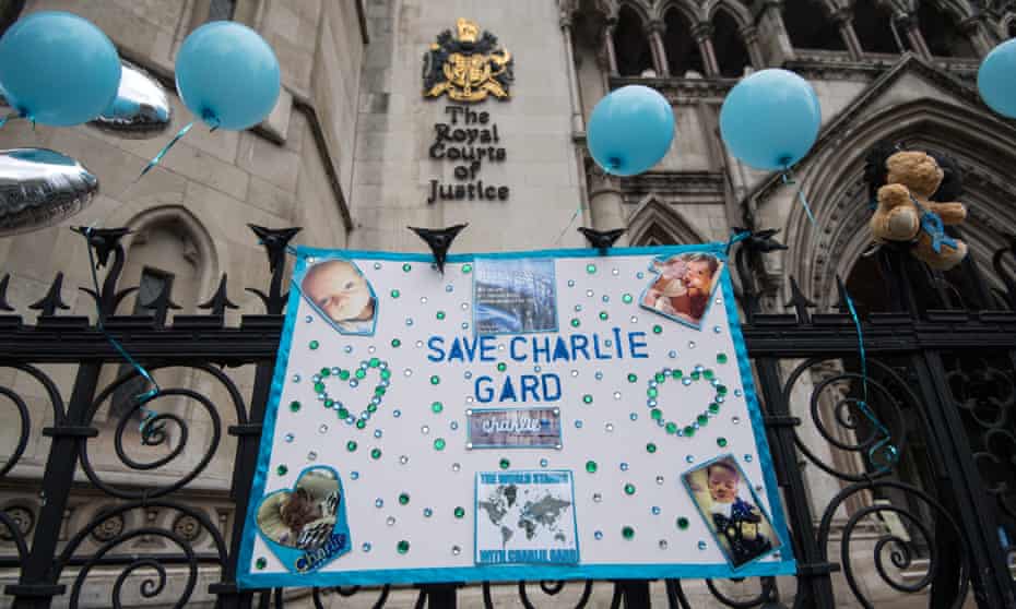A banner hung outside the high court in London in support of Charlie Gard