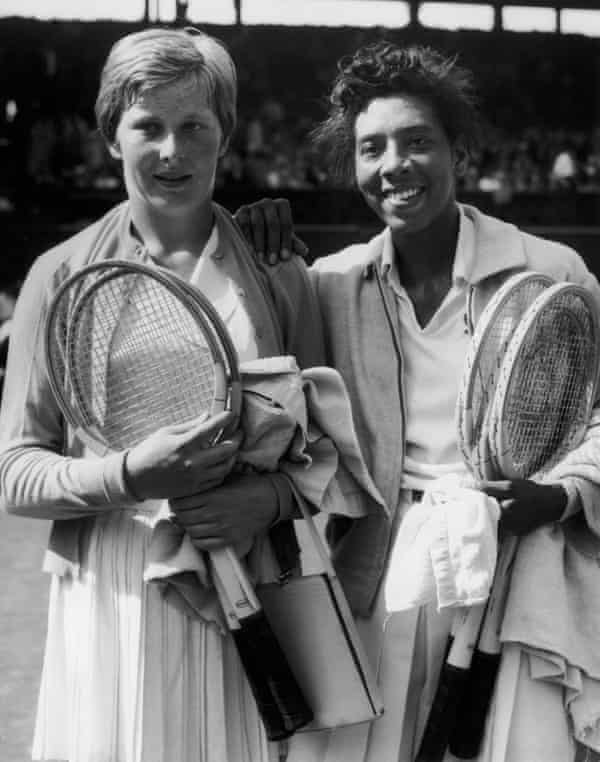 Christine Truman of Great Britain with Althea Gibson, after the American won their 1957 Wimbledon semi-final 6-1, 6-1