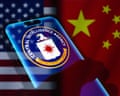 Graphic of CIA logo on a phone in front of US and Chinese flags