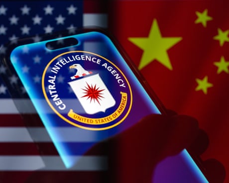 Graphic of CIA logo on a phone in front of US and Chinese flags