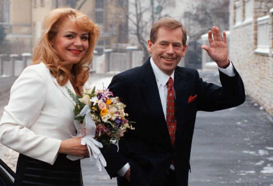 Czech President Vaclav Havel with Dagmar Veskrnova following their private wedding ceremony in Prague, 1997.