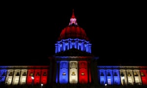 San Francisco city hall is lit up with blue, white and red, the colours of the French flag, following the Paris terror attacks