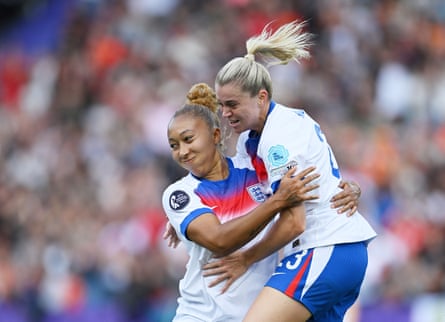 Lauren James (left) celebrates with Alessia Russo after opening the scoring.