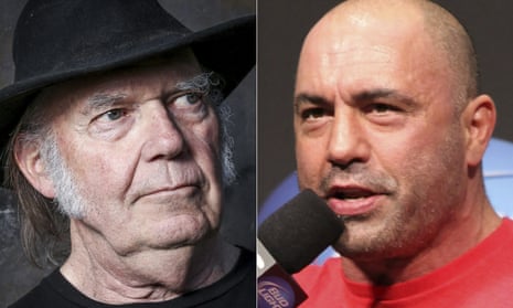 Neil Young and Joe Rogan in side-by-side portraits