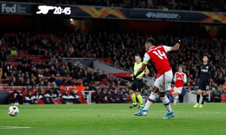 Arsenal’s Pierre-Emerick Aubameyang scores their first goal.