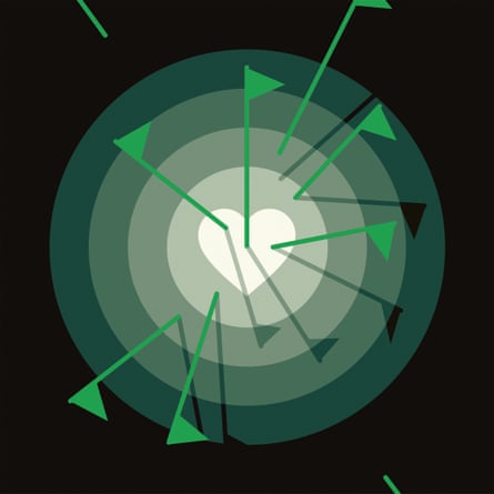 A stylised illustration of a dark board in shades of green, with a white heart as the bullseye, and lots of green flag darts stuck in it
