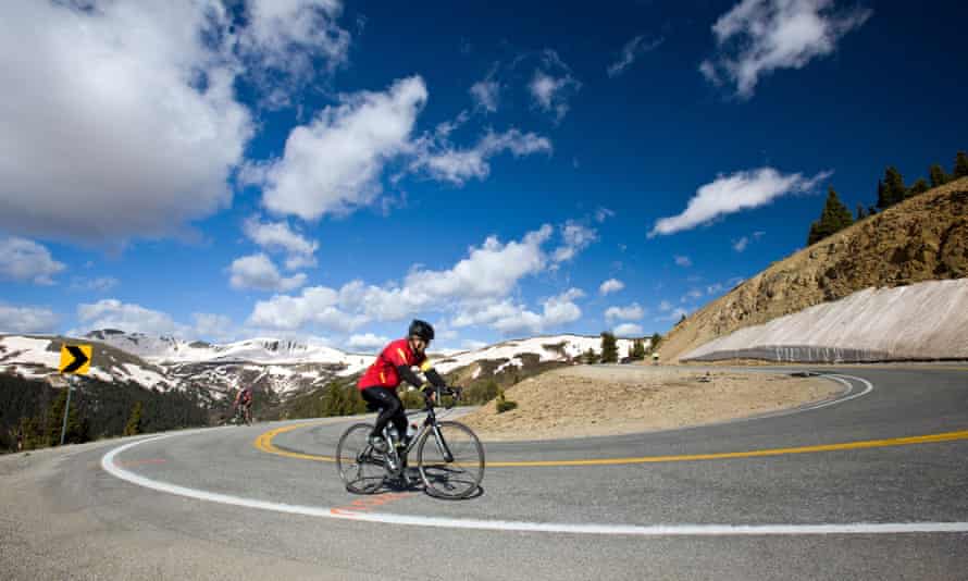 Cyclists riding up Independence Pass in Colorado during the annual Ride The Rockies bicycle tour