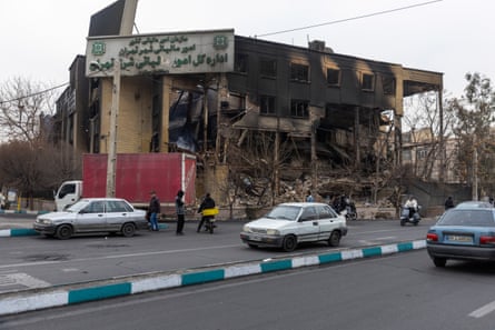 A heavily damaged government building in Tehran, Iran