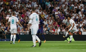 Real Madrid’s Marco Asensio lets fly from 35+ yards out and the ball zips into the net to give the home side the lead.