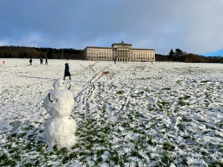 Wintry conditions and a snowman on the Stormont estate in east Belfast