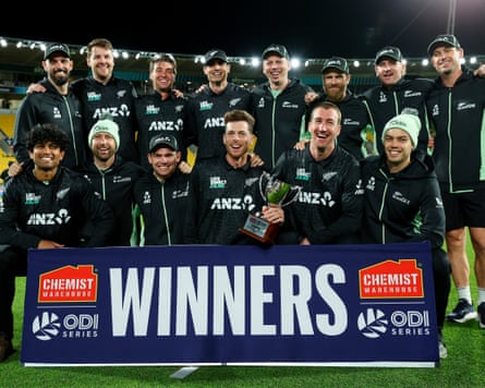 New Zealand pose with the series trophy after beating England again in Wellington