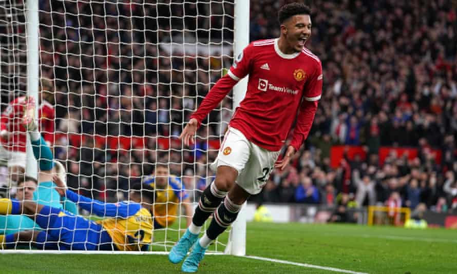 Manchester United’s Jadon Sancho wheels away in celebration after opening the scoring against Southampton.