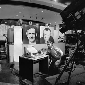 Images of the election rivals John Gorton and Gough Whitlam who were contesting the 1969 election hang below journalists broadcasting live from the Lyneham tally room