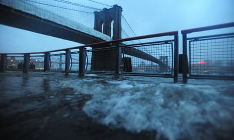 The Manhattan and Brooklyn Bridges in 2012, as the effects of Hurricane Sandy were felt.