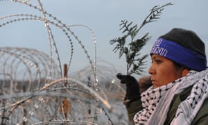 A
woman holds a branch of cedar during a prayer ceremony, while
protesting against the Dakota Access pipeline.