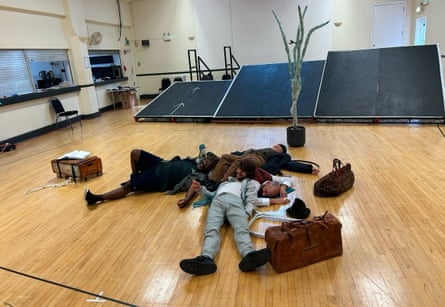 The cast in an existential heap during rehearsals at London Welsh Centre.