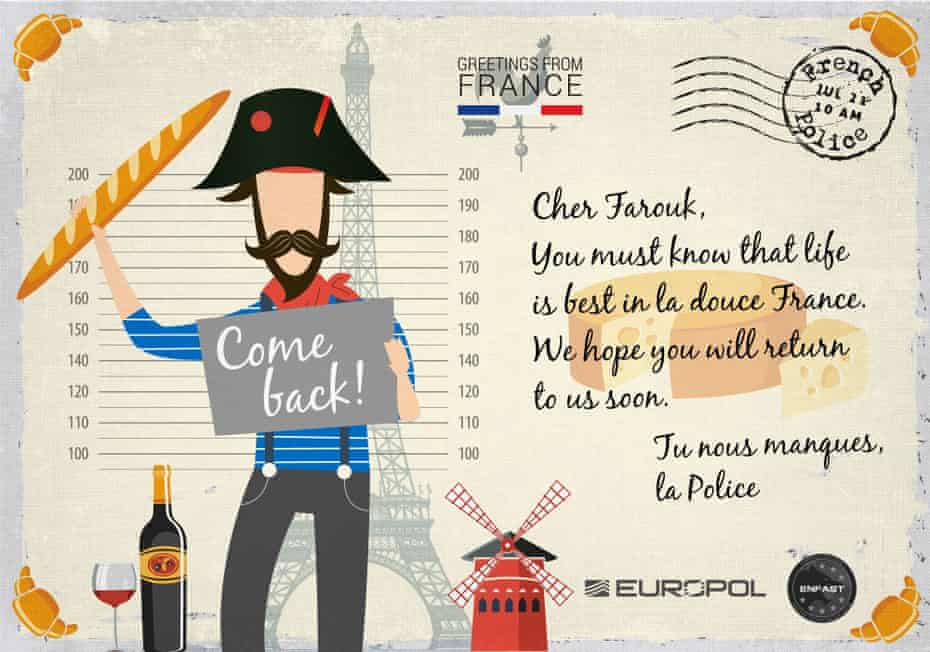 Europol’s French-themed postcard to Farouk Hachi.
